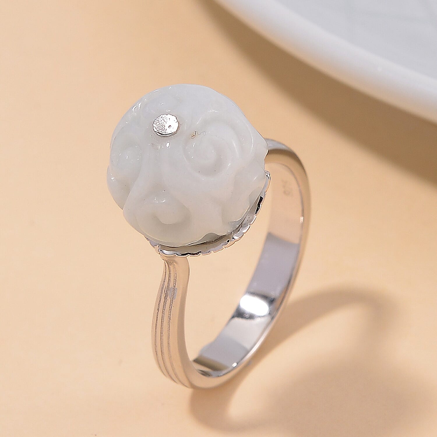 Natural Jade Carved 15.90 ctw Ring in Rhodium Over Sterling Silver (Size 9.0) 