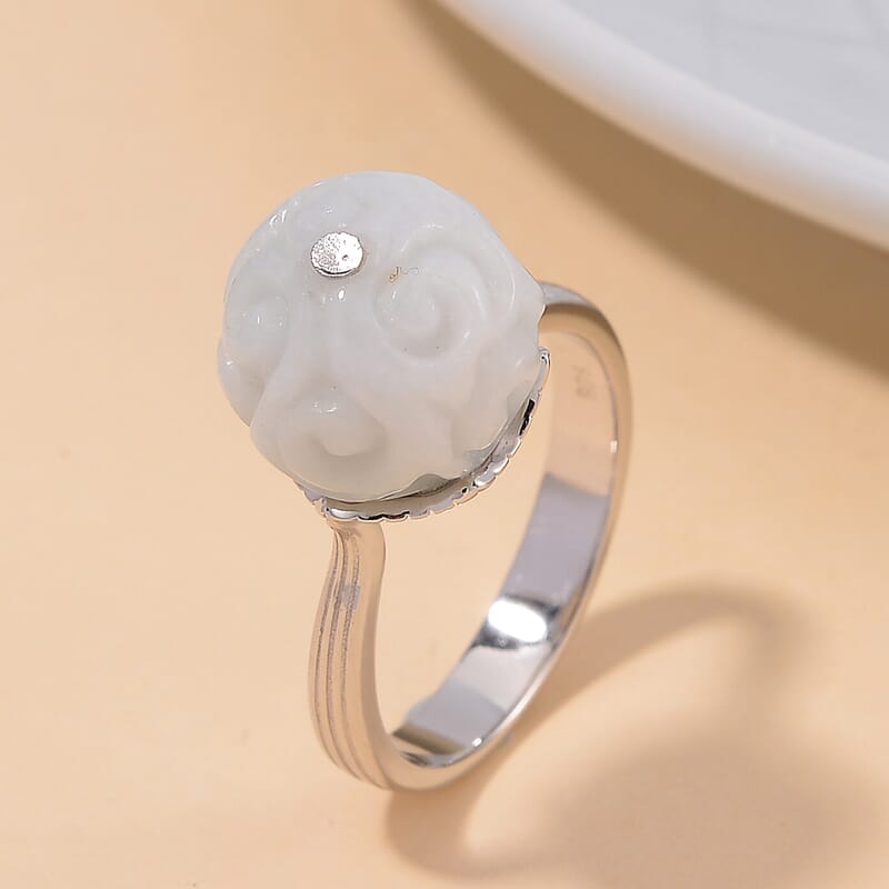 Natural Jade Carved 15.90 ctw Ring in Rhodium Over Sterling Silver (Size 9.0) 