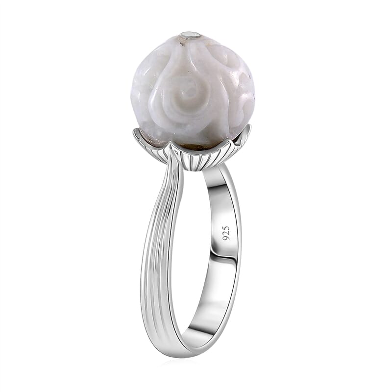 Natural Jade Carved 15.90 ctw Ring in Rhodium Over Sterling Silver (Size 9.0) 