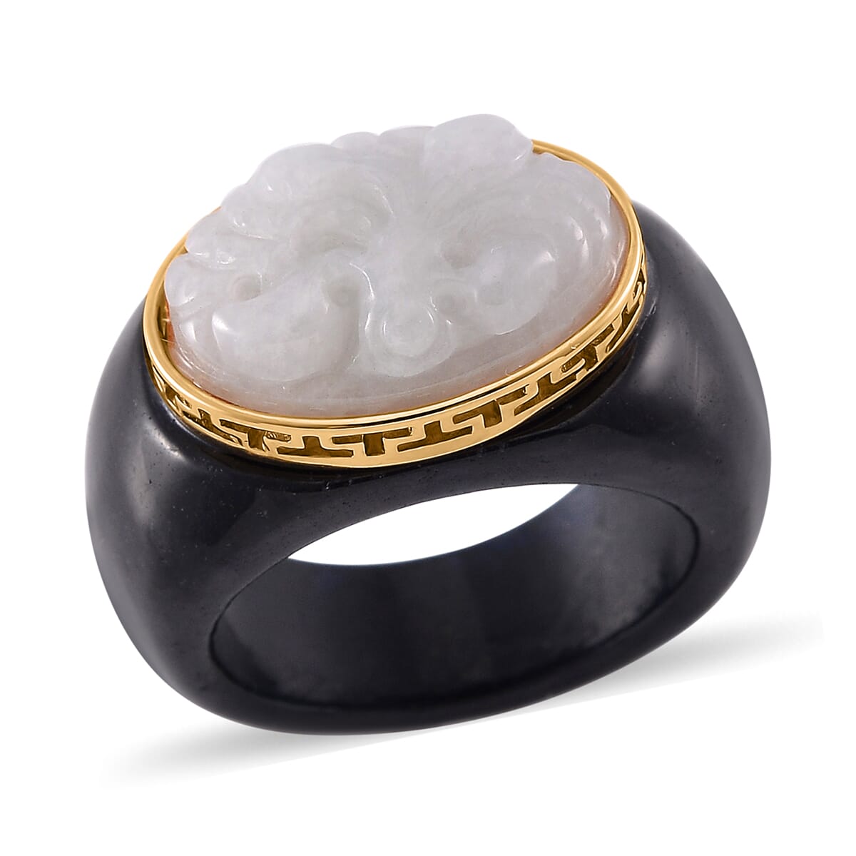 Natural Jade and Black Jade (D) Carved 49.60 ctw Ring in 18K Vermeil Yellow Gold Over Sterling Silver (Size 10.0) image number 0