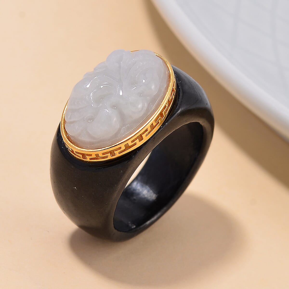 Natural Jade and Black Jade (D) Carved 49.60 ctw Ring in 18K Vermeil Yellow Gold Over Sterling Silver (Size 10.0) image number 1