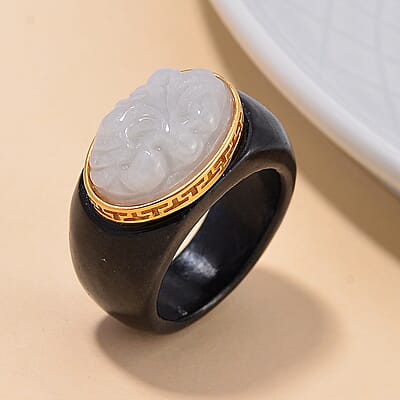Natural Jade and Black Jade (D) Carved 49.60 ctw Ring in 18K Vermeil Yellow Gold Over Sterling Silver (Size 10.0)