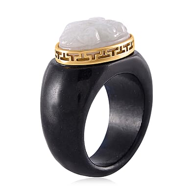 Natural Jade and Black Jade (D) Carved 49.60 ctw Ring in 18K Vermeil Yellow Gold Over Sterling Silver (Size 10.0)