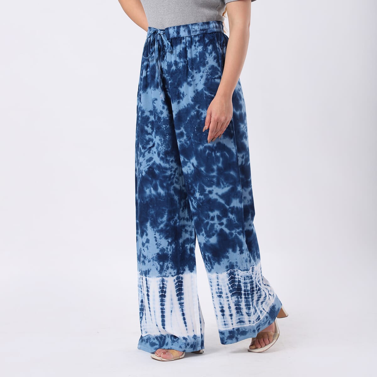 Blue Pajama Tie Dye Palazzo with 1/2Inch Elastic Band - One Size Fits Most image number 4