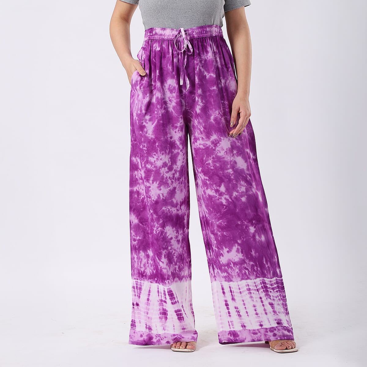 Purple Pajama Tie Dye Palazzo with 1/2Inch Elastic Band - One Size Fits Most image number 1