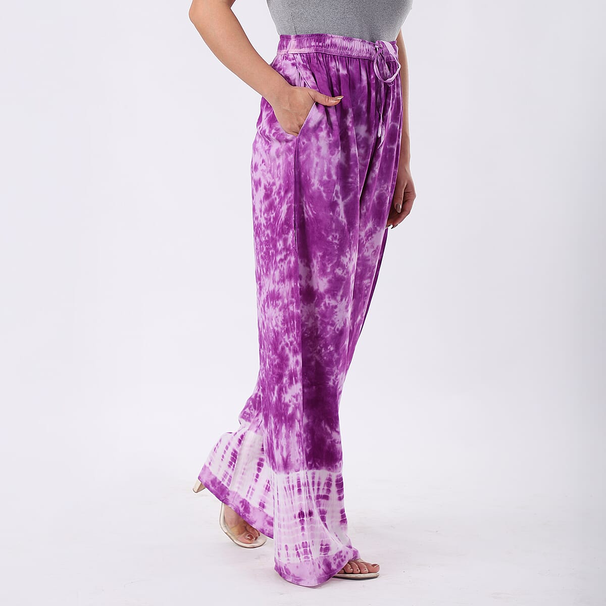 Purple Pajama Tie Dye Palazzo with 1/2Inch Elastic Band - One Size Fits Most image number 2