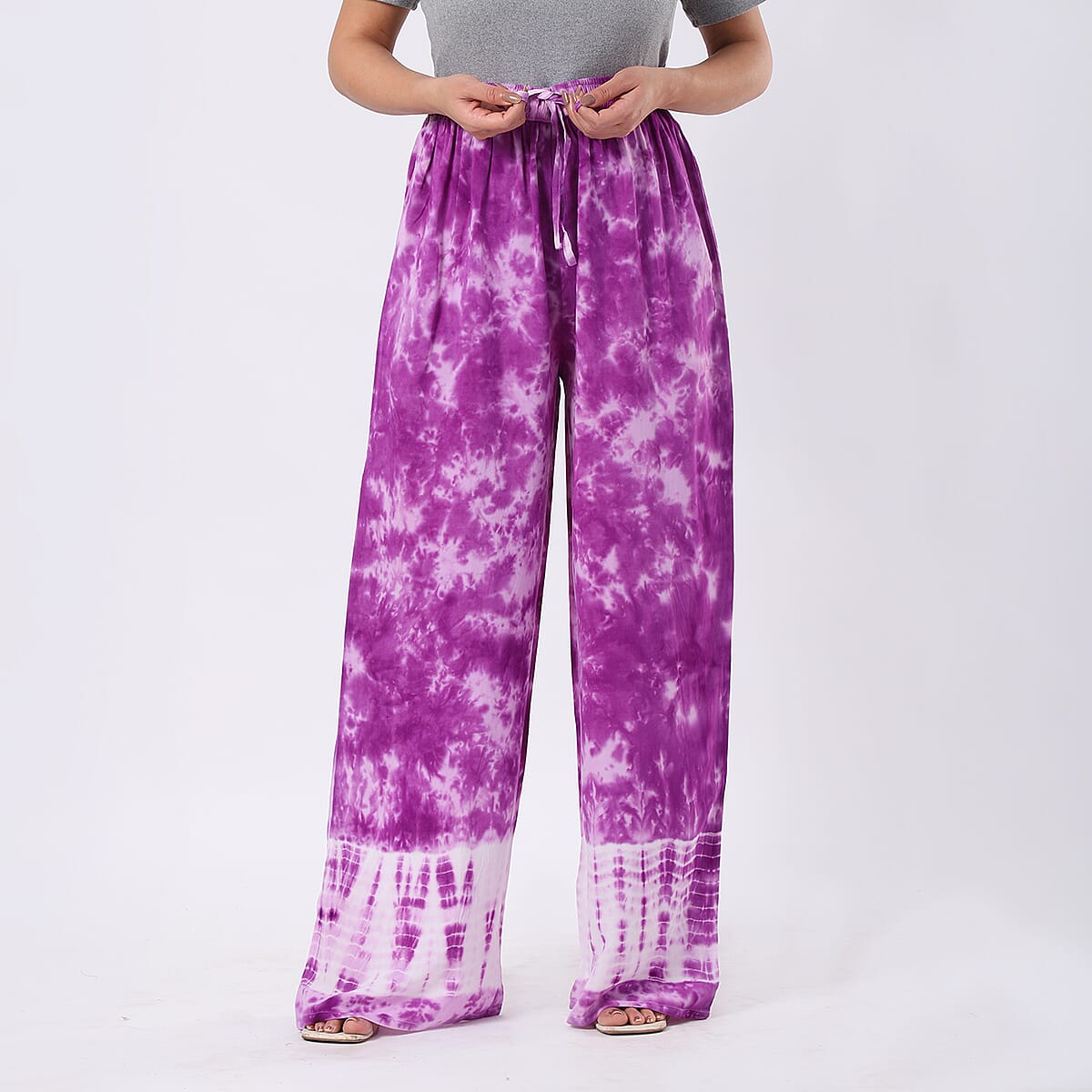 Purple Pajama Tie Dye Palazzo with 1/2Inch Elastic Band - One Size Fits Most image number 3