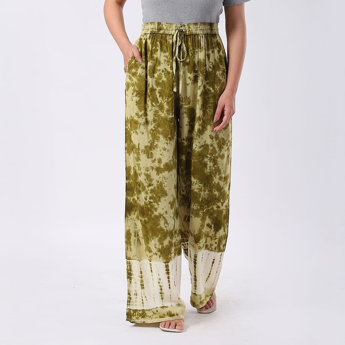 Green Pajama Tie Dye Palazzo with 1/2Inch Elastic Band - One Size Fits Most image number 1