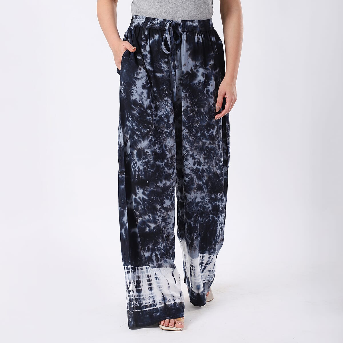 Black Pajama Tie Dye Palazzo with 1/2Inch Elastic Band - One Size Fits Most image number 1