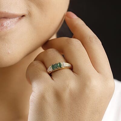 Kagem Zambian Emerald and Moissanite 0.90 ctw Men's Ring in 18K Vermeil Yellow Gold Over Sterling Silver (Size 10.0)