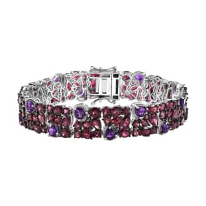 Premium Orissa Rhodolite Garnet and African Amethyst 43.60 ctw Cluster Bracelet in Rhodium Over Sterling Silver (8.00 In)