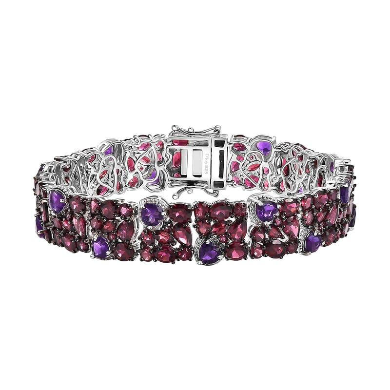 D'Joy Premium Orissa Rhodolite Garnet and African Amethyst 43.60 ctw Cluster Bracelet in Rhodium Over Sterling Silver (8.00 In)