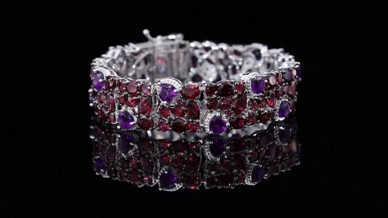 Premium Orissa Rhodolite Garnet, African Amethyst Cluster Bracelet in Rhodium Over Sterling Silver (8.00 In) 43.60 ctw