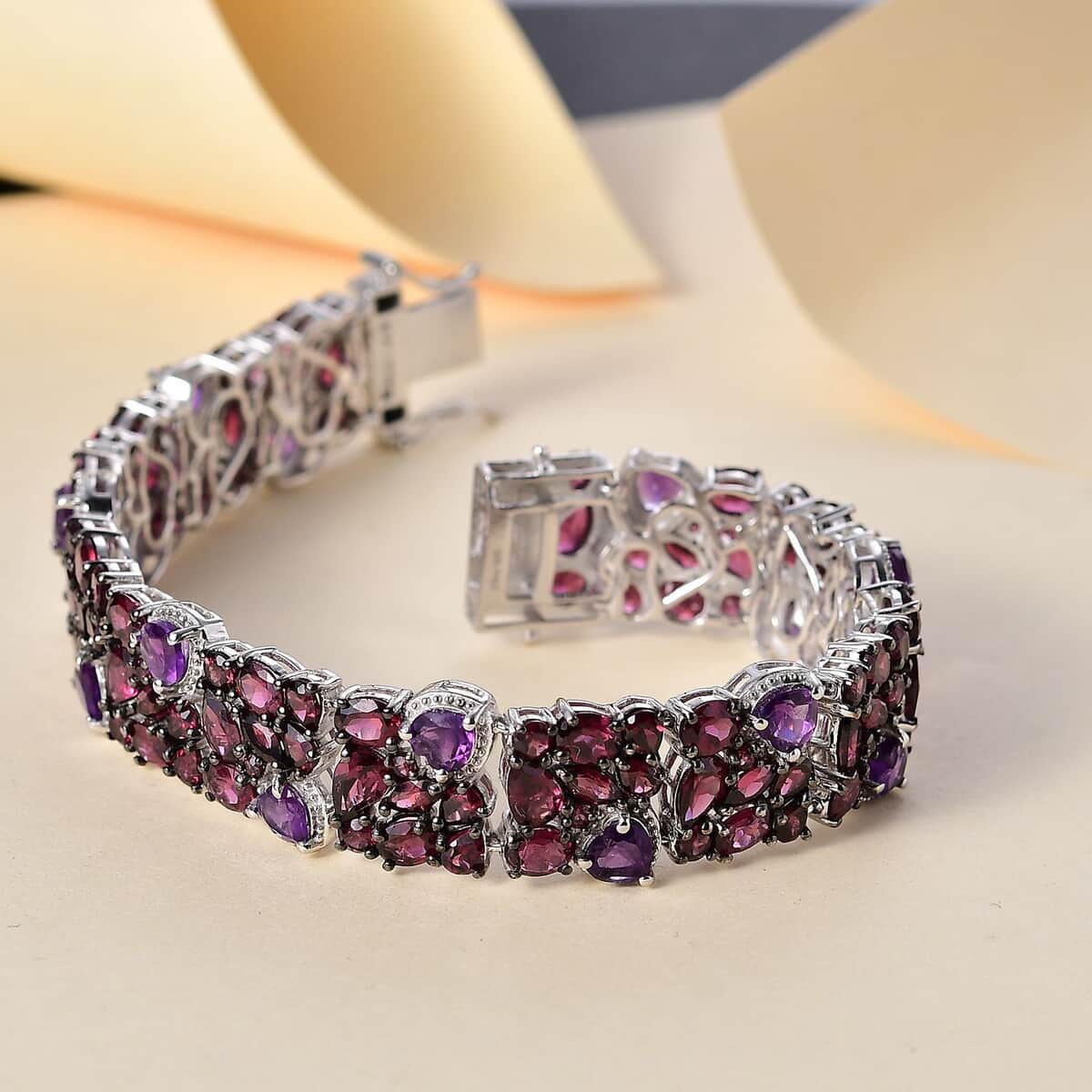 Premium Orissa Rhodolite Garnet and African Amethyst 43.60 ctw Cluster Bracelet in Rhodium Over Sterling Silver (8.00 In) image number 1