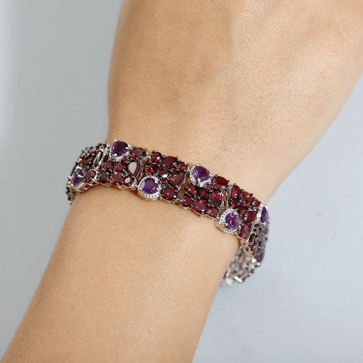 Premium Orissa Rhodolite Garnet and African Amethyst 43.60 ctw Cluster Bracelet in Rhodium Over Sterling Silver (8.00 In) image number 2