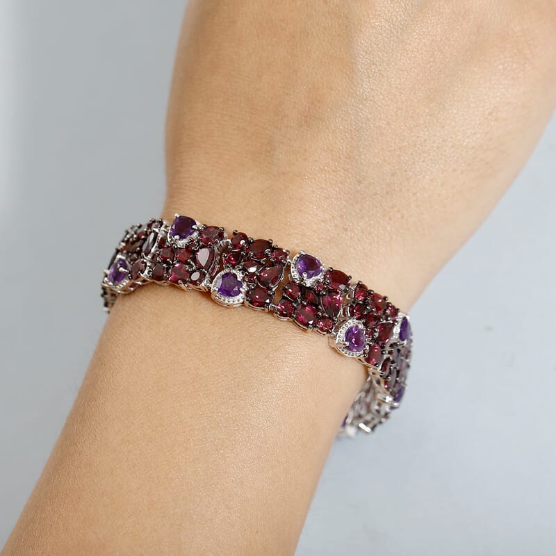 D'Joy Premium Orissa Rhodolite Garnet and African Amethyst 43.60 ctw Cluster Bracelet in Rhodium Over Sterling Silver (8.00 In)