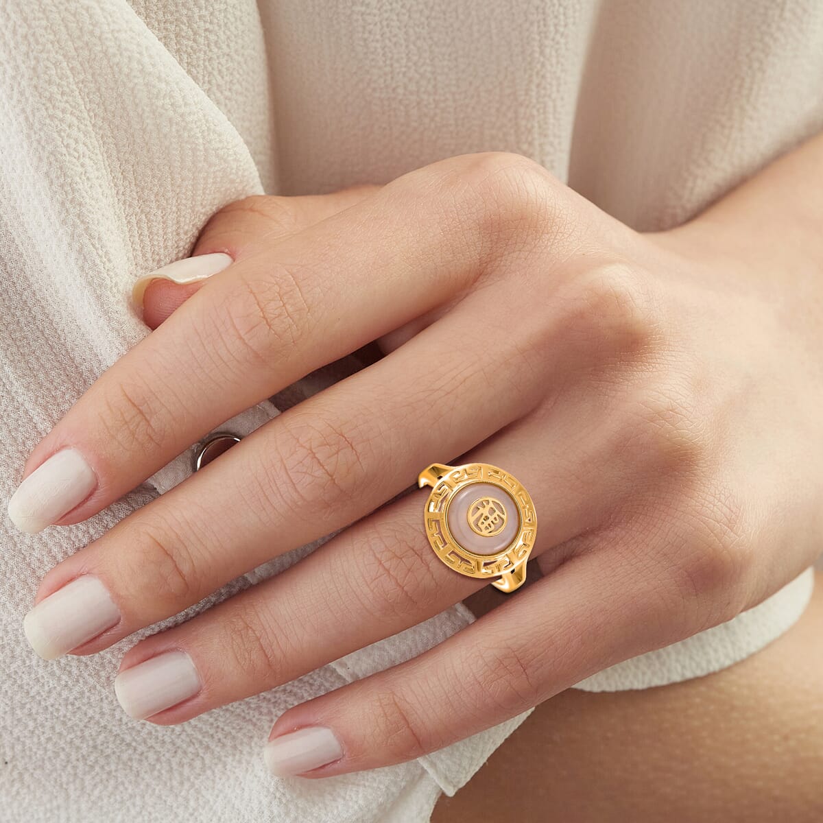 Natural Jade Carved 2.40 ctw Fu Happiness Ring in 18K Vermeil Yellow Gold Over Sterling Silver (Size 11.0)  image number 2