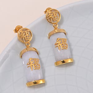 Natural Jade Carved 26.50 ctw Fu Happiness Earrings in 18K Vermeil Yellow Gold Over Sterling Silver