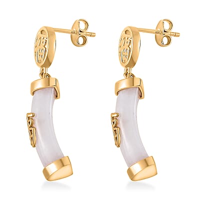 Natural Jade Carved 26.50 ctw Fu Happiness Earrings in 18K Vermeil Yellow Gold Over Sterling Silver