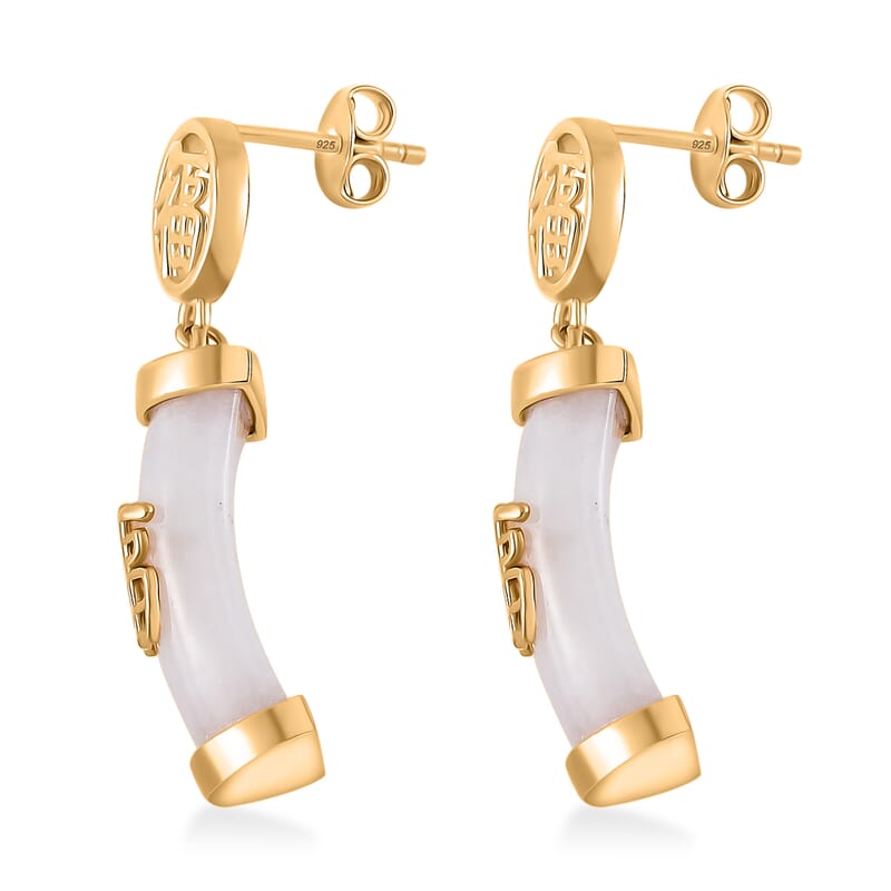 Natural Jade Carved 26.50 ctw Fu Happiness Earrings in 18K Vermeil Yellow Gold Over Sterling Silver