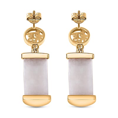 Natural Jade Carved 26.50 ctw Fu Happiness Earrings in 18K Vermeil Yellow Gold Over Sterling Silver