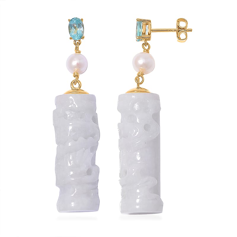 Natural Jade Carved and Multi Gemstone 91.00 ctw Earrings in 18K Vermeil Yellow Gold Over Sterling Silver 