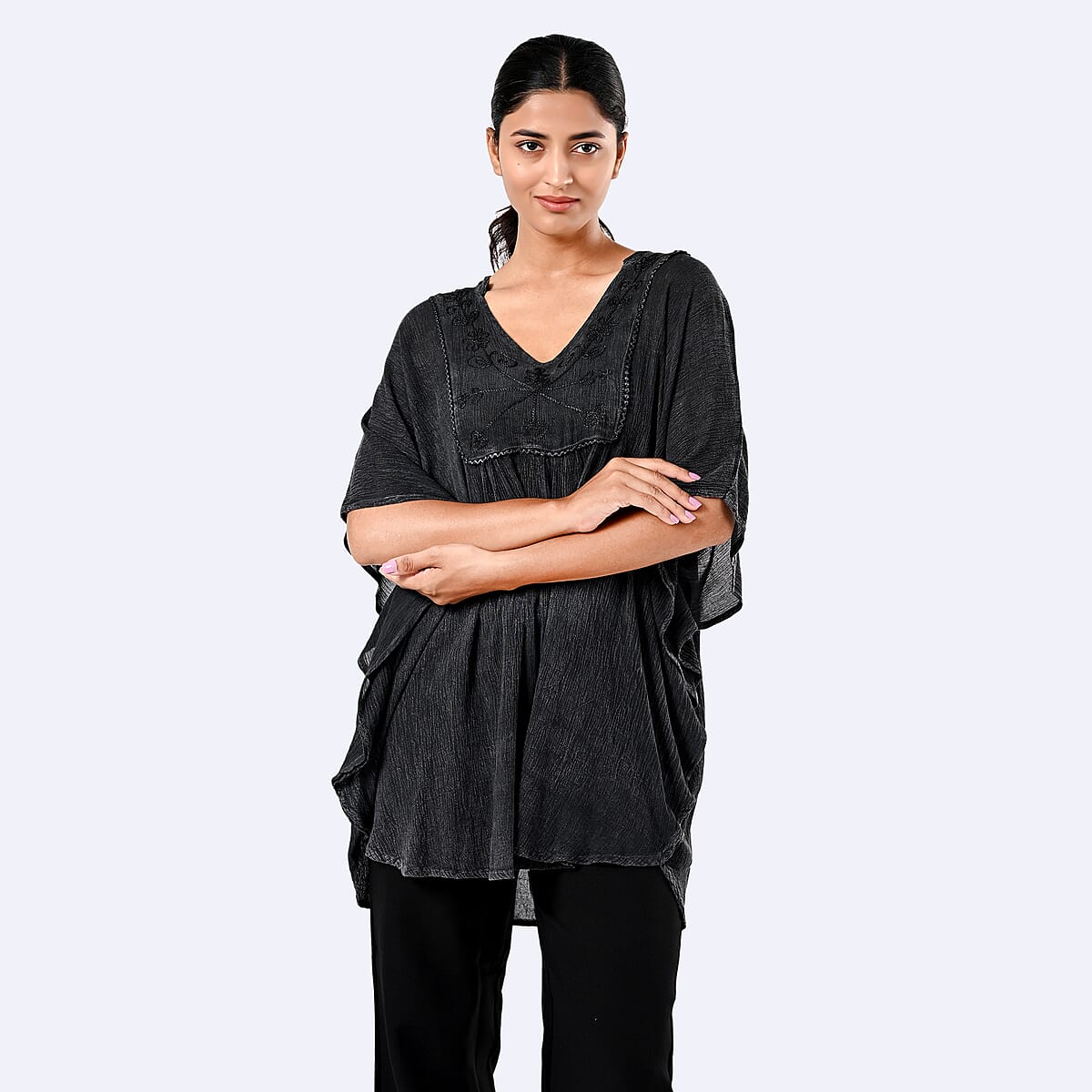 Tamsy Black Embroidered V-Neck Stone Wash Kaftan - One Size Fits Most image number 1
