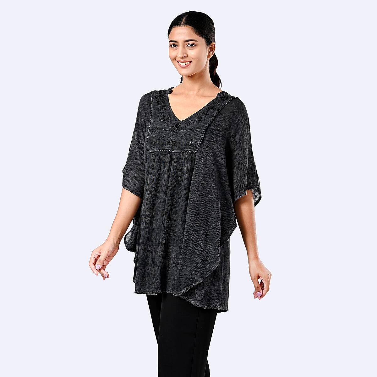 Tamsy Black Embroidered V-Neck Stone Wash Kaftan - One Size Fits Most image number 2