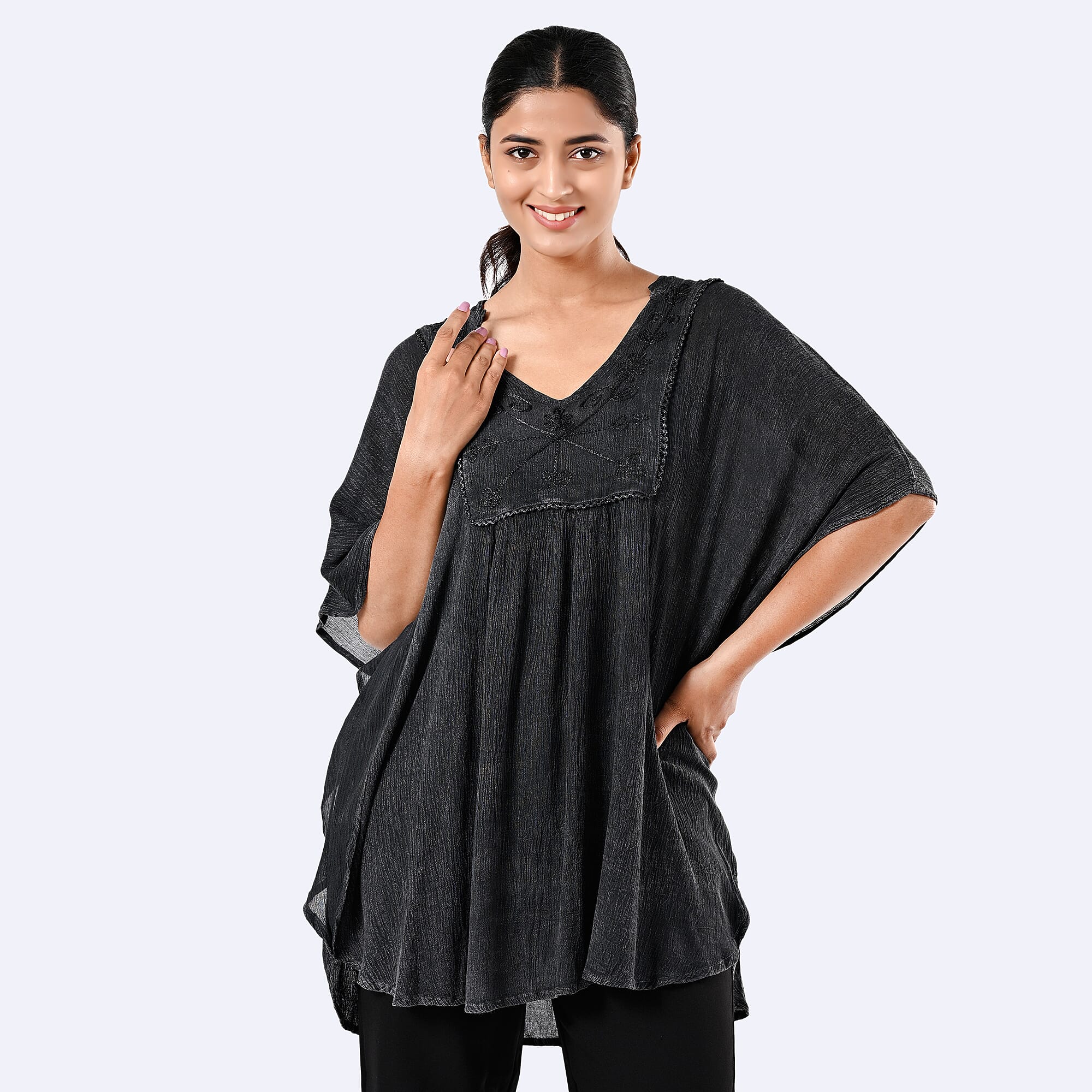 Tamsy Black Embroidered V-Neck Stone Wash Kaftan - One Size Fits Most