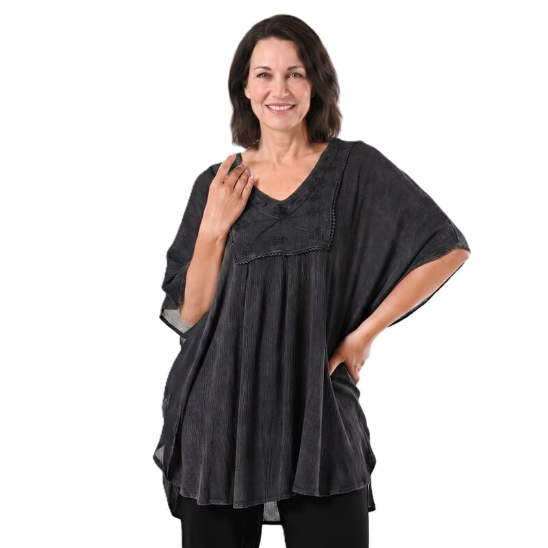 Tamsy Black Embroidered V-Neck Stone Wash Kaftan - One Size Fits Most
