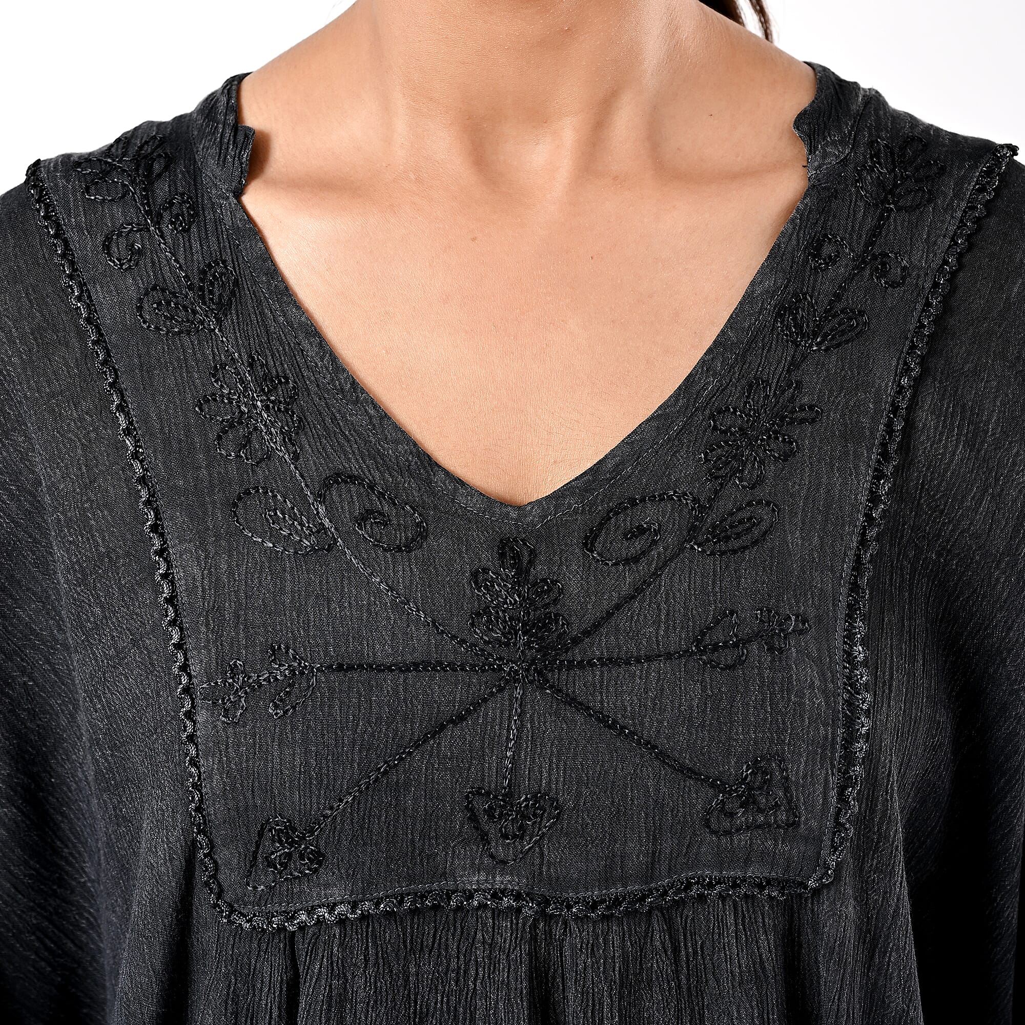 Tamsy Black Embroidered V-Neck Stone Wash Kaftan - One Size Fits Most