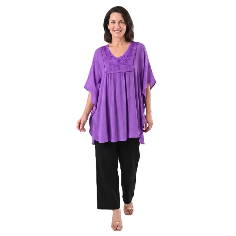 Tamsy Purple Embroidered V-Neck Stone Wash Kaftan - One Size Fits Most