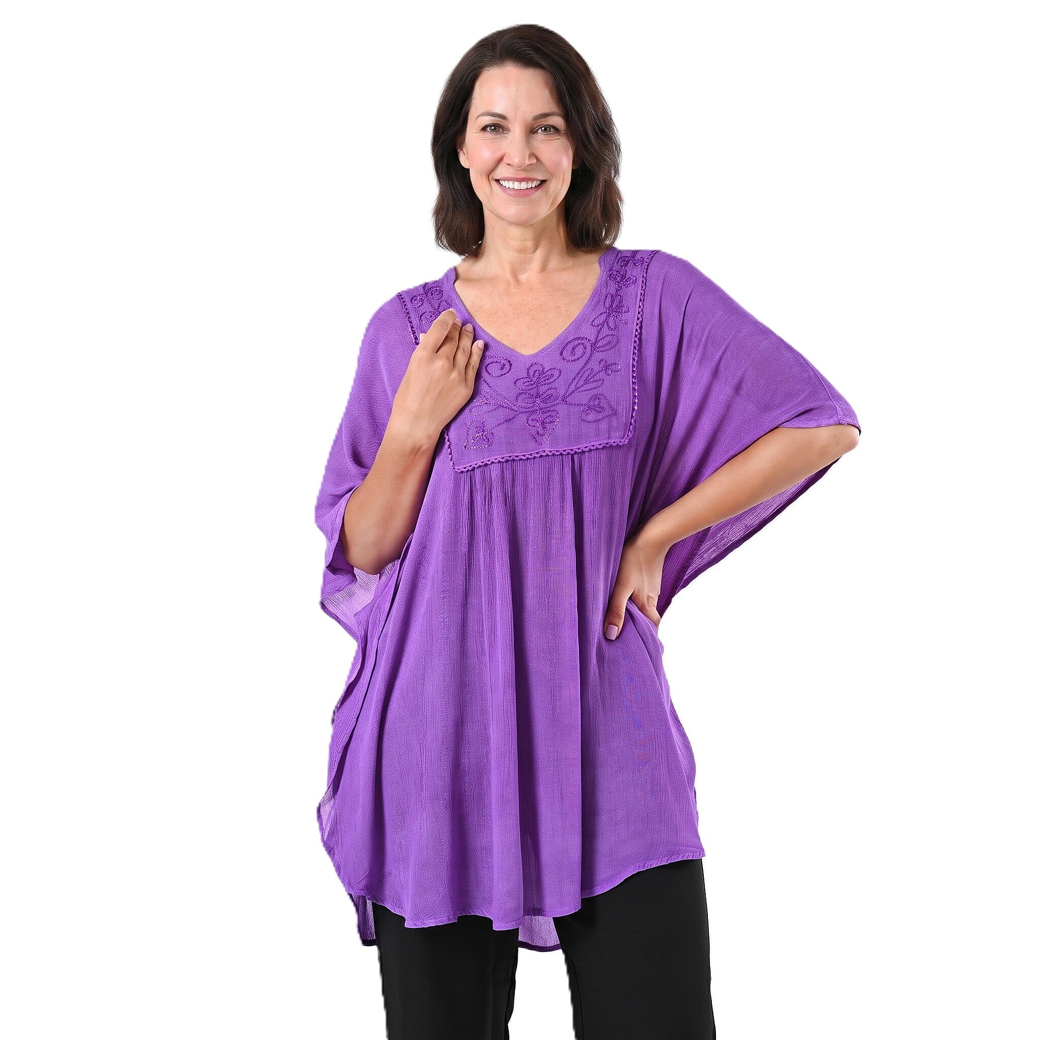 Tamsy Purple Embroidered V-Neck Stone Wash Kaftan - One Size Fits Most