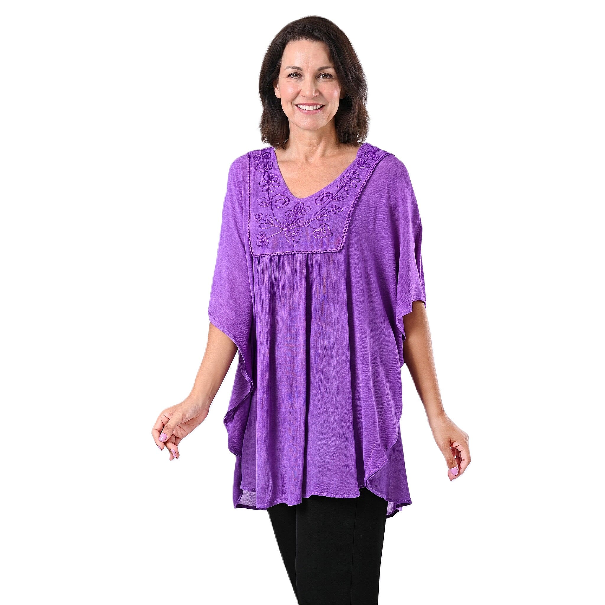 Tamsy Purple Embroidered V-Neck Stone Wash Kaftan - One Size Fits Most