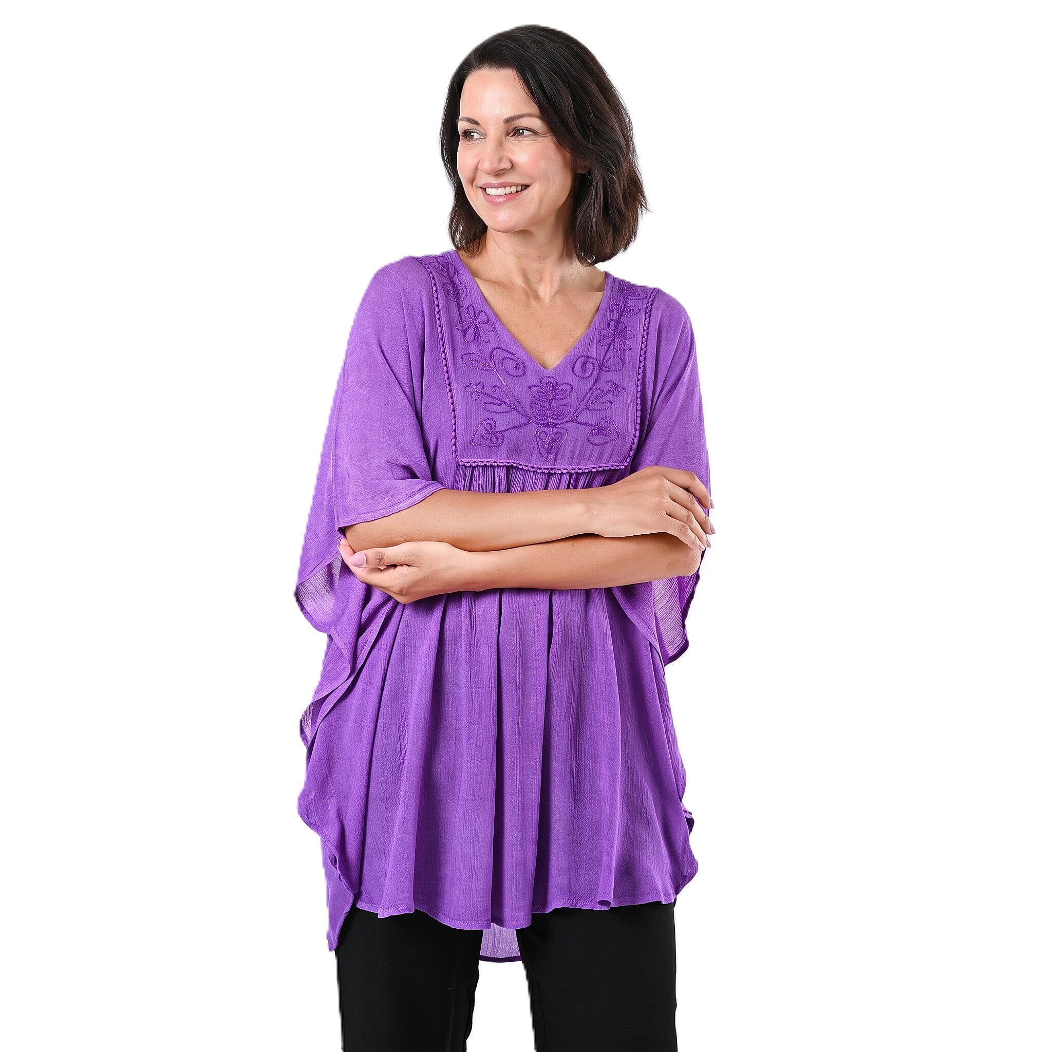 Tamsy Purple Embroidered V-Neck Stone Wash Kaftan - One Size Fits Most