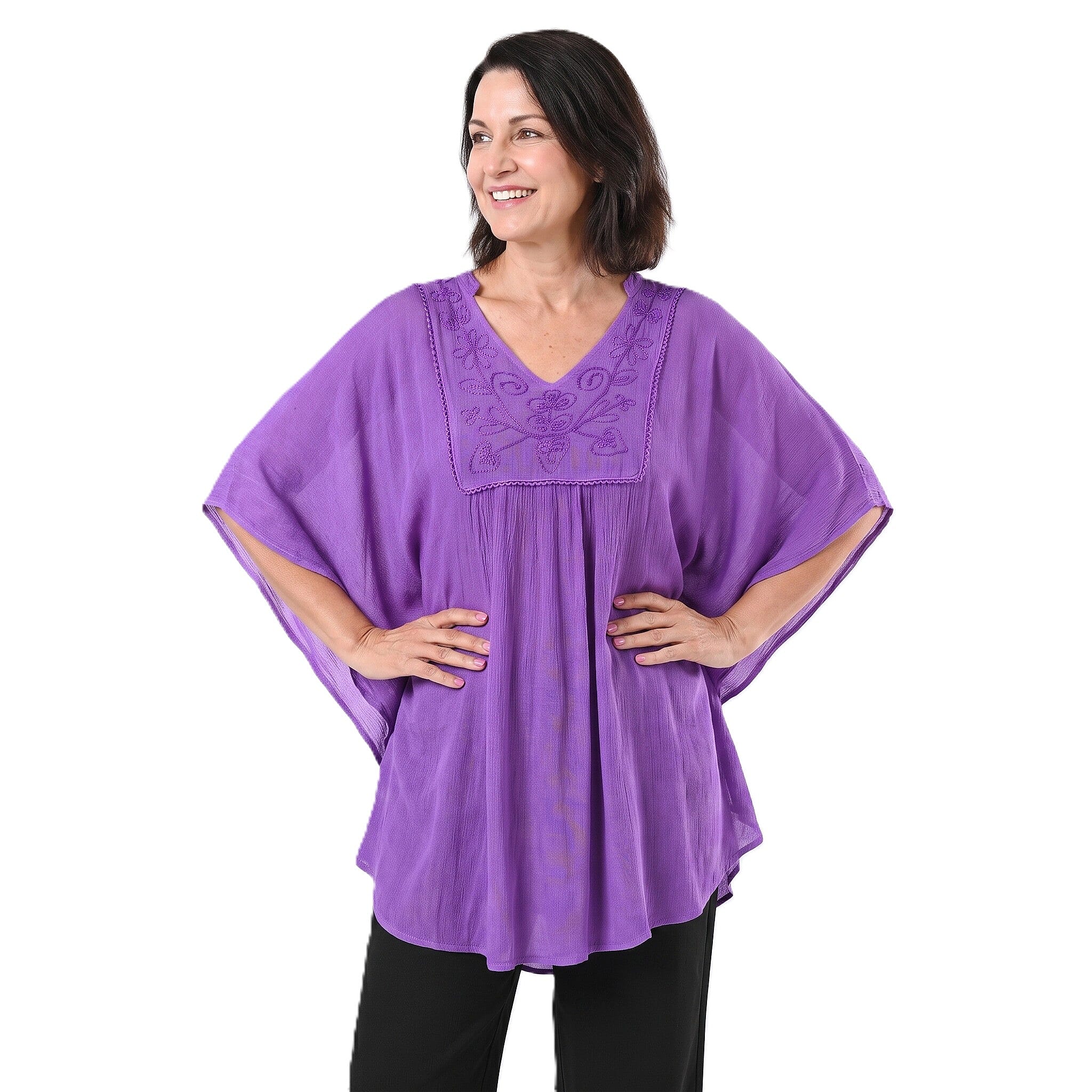 Tamsy Purple Embroidered V-Neck Stone Wash Kaftan - One Size Fits Most
