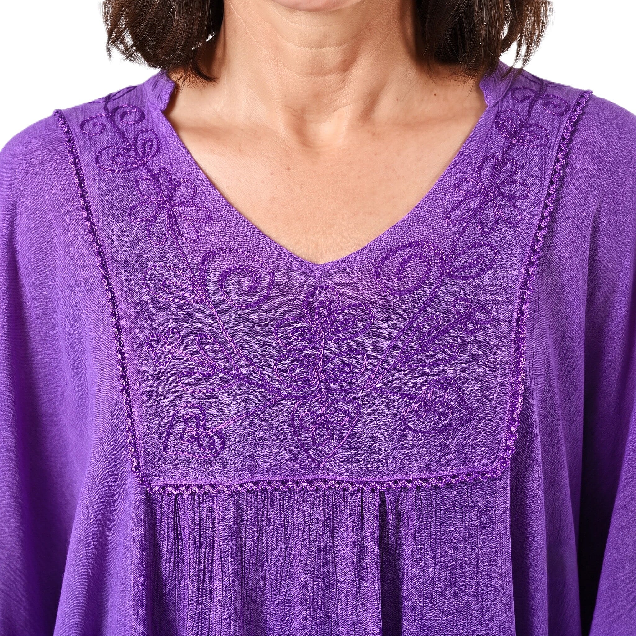 Tamsy Purple Embroidered V-Neck Stone Wash Kaftan - One Size Fits Most