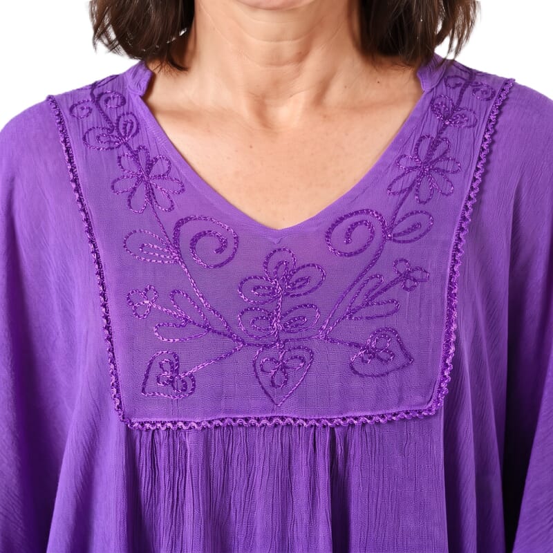 Tamsy Purple Embroidered V-Neck Stone Wash Kaftan - One Size Fits Most