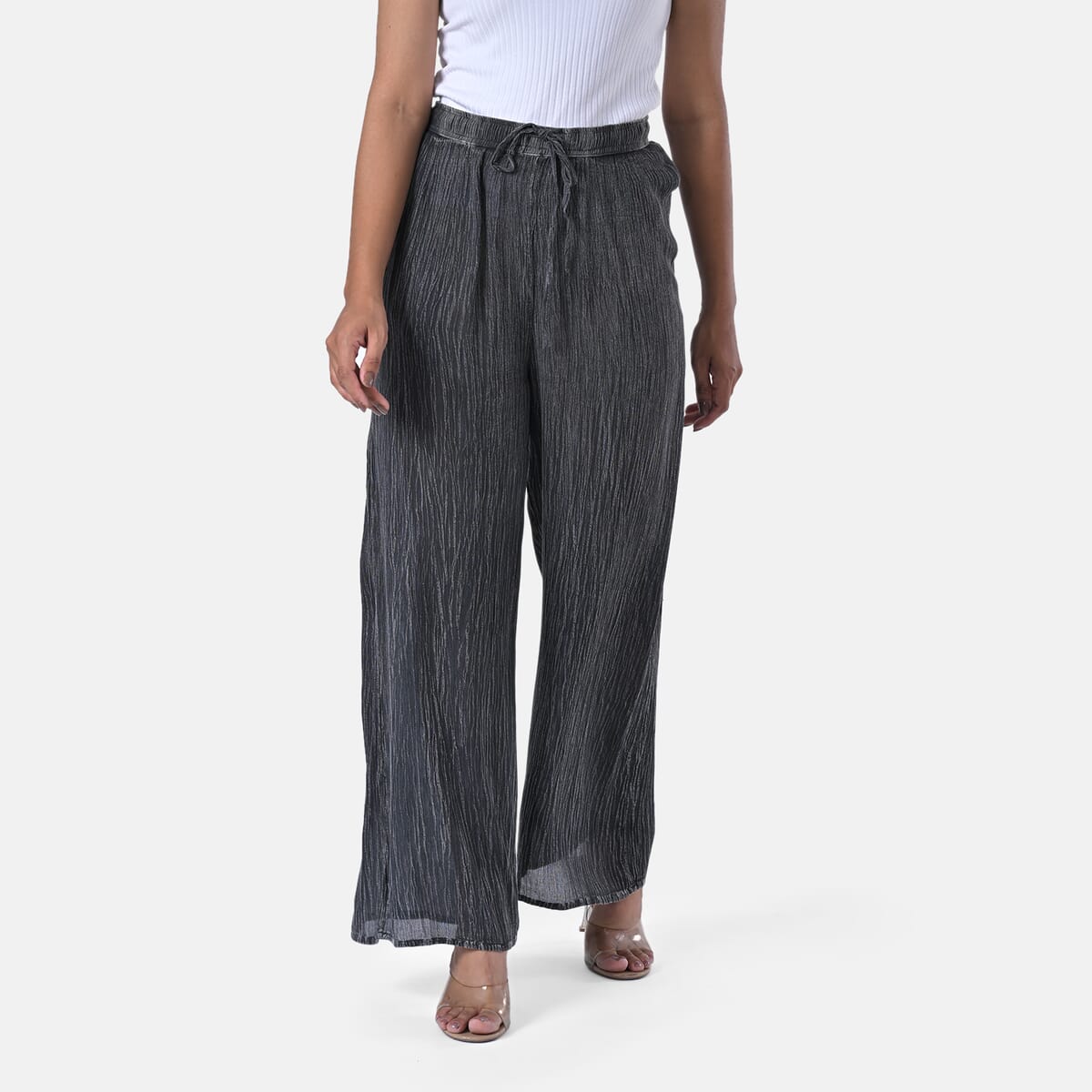 Tamsy Black Stone Wash Palazzo with Elastic Band - One Size Fits Most image number 1
