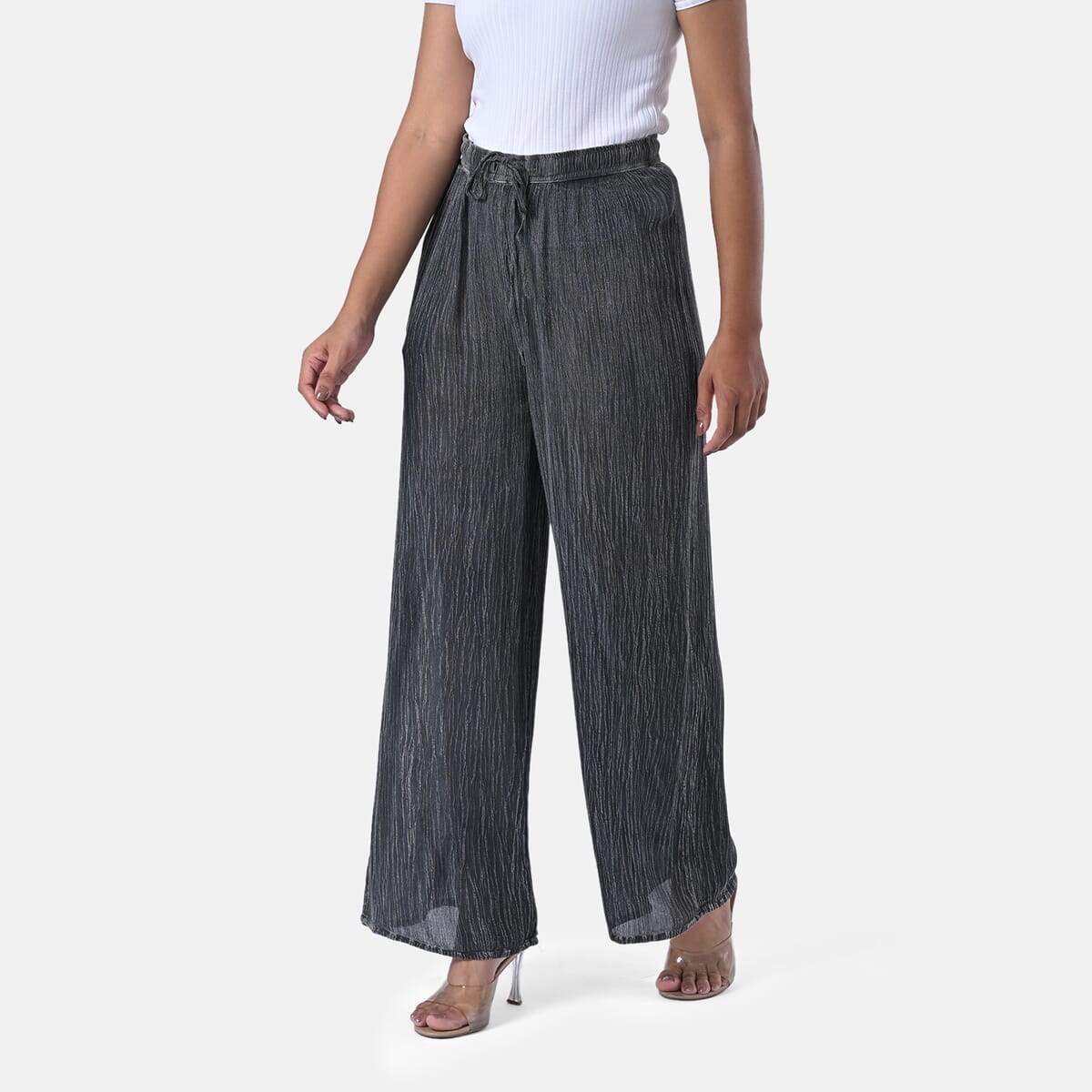 Tamsy Black Stone Wash Palazzo with Elastic Band - One Size Fits Most image number 2