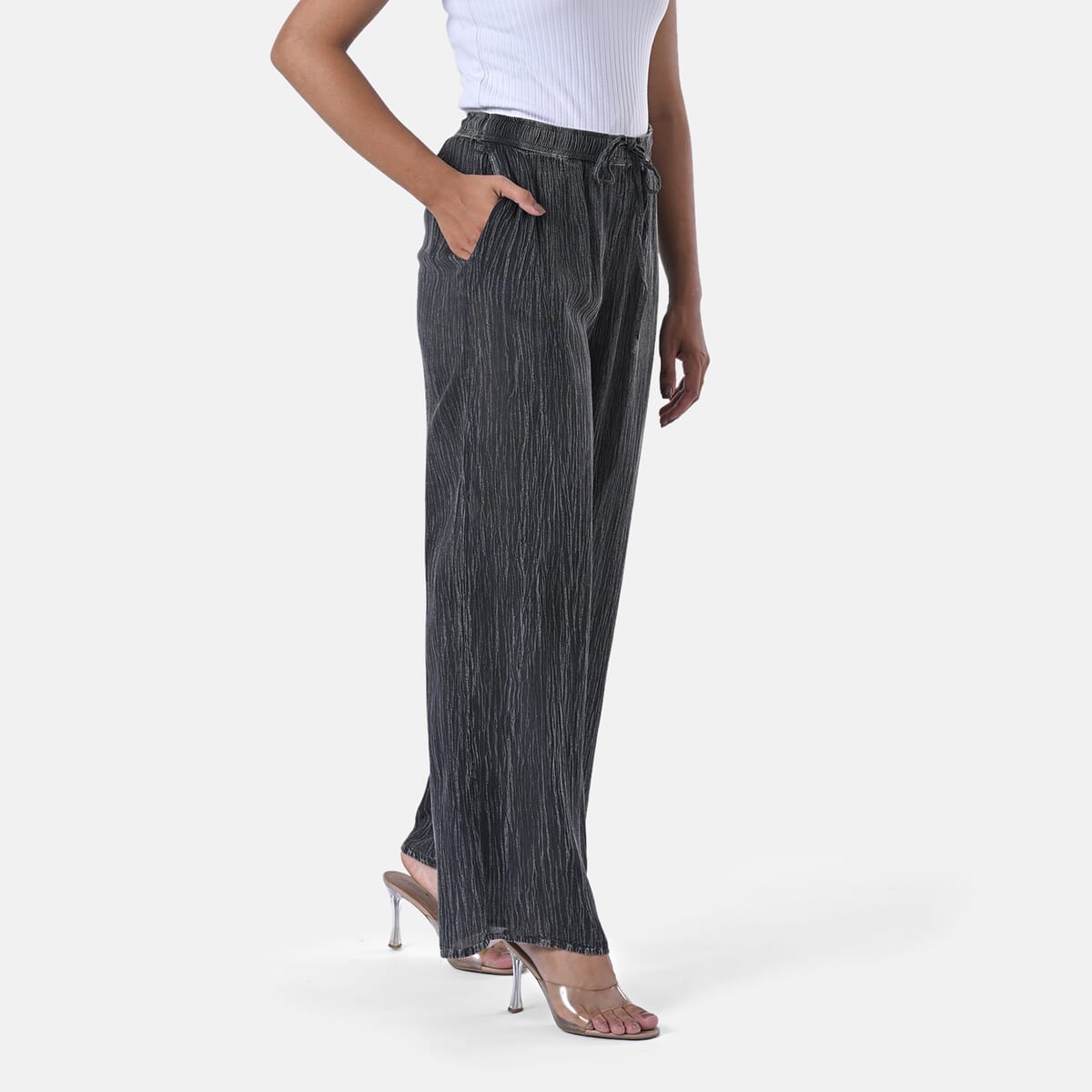 Tamsy Black Stone Wash Palazzo with Elastic Band - One Size Fits Most image number 5