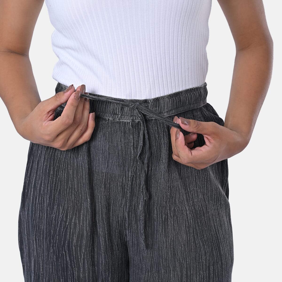 Tamsy Black Stone Wash Palazzo with Elastic Band - One Size Fits Most image number 6