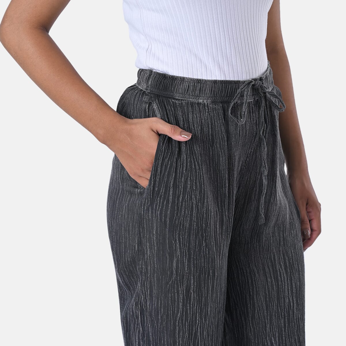 Tamsy Black Stone Wash Palazzo with Elastic Band - One Size Fits Most image number 7