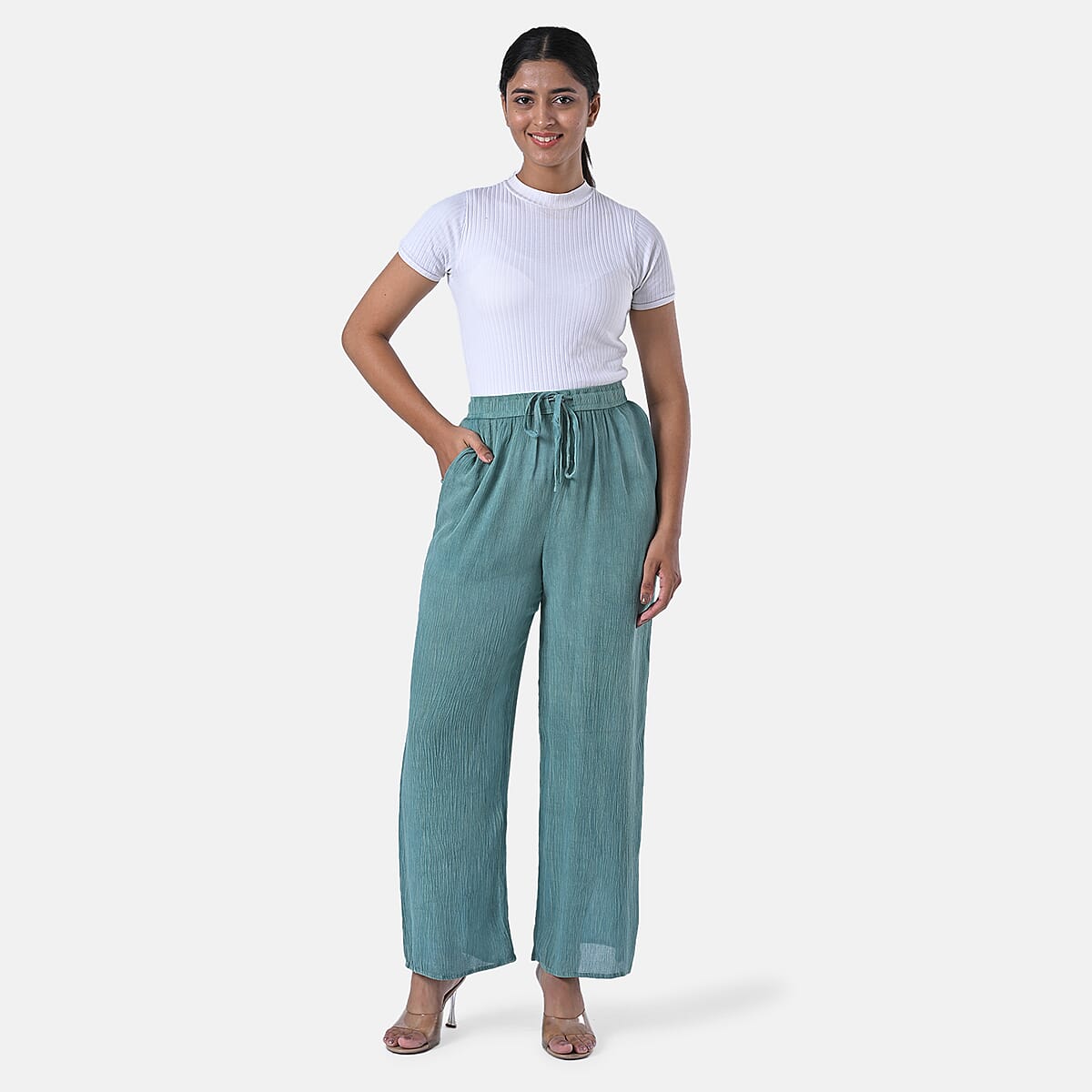 Tamsy Mint Green Stone Wash Wide Leg Pant with Elastic Band– One Size Fits Most image number 0
