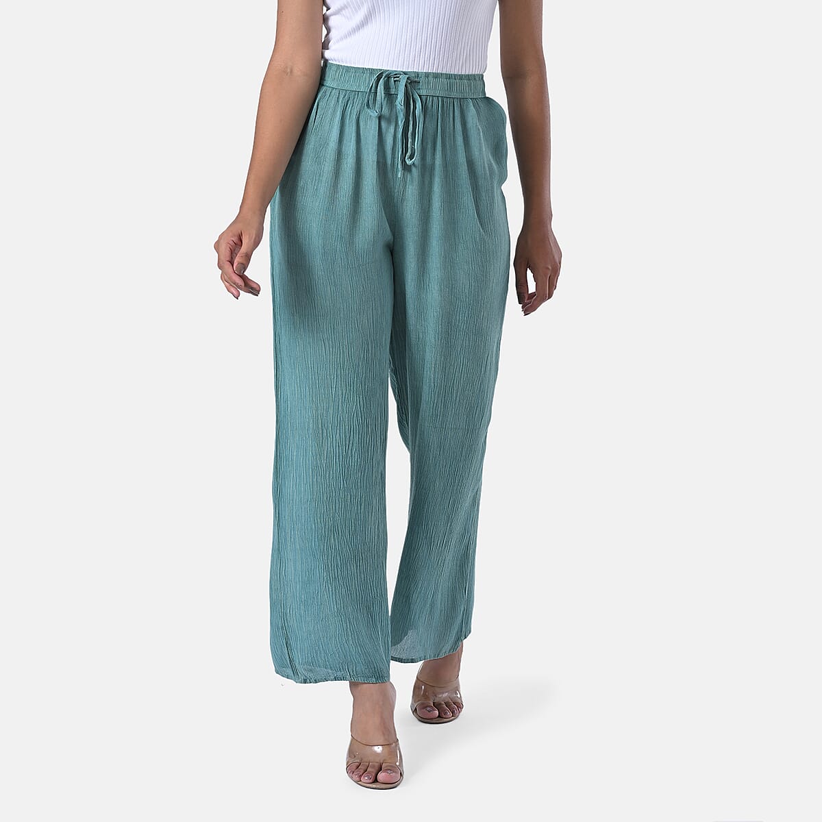 Tamsy Mint Green Stone Wash Wide Leg Pant with Elastic Band– One Size Fits Most image number 1