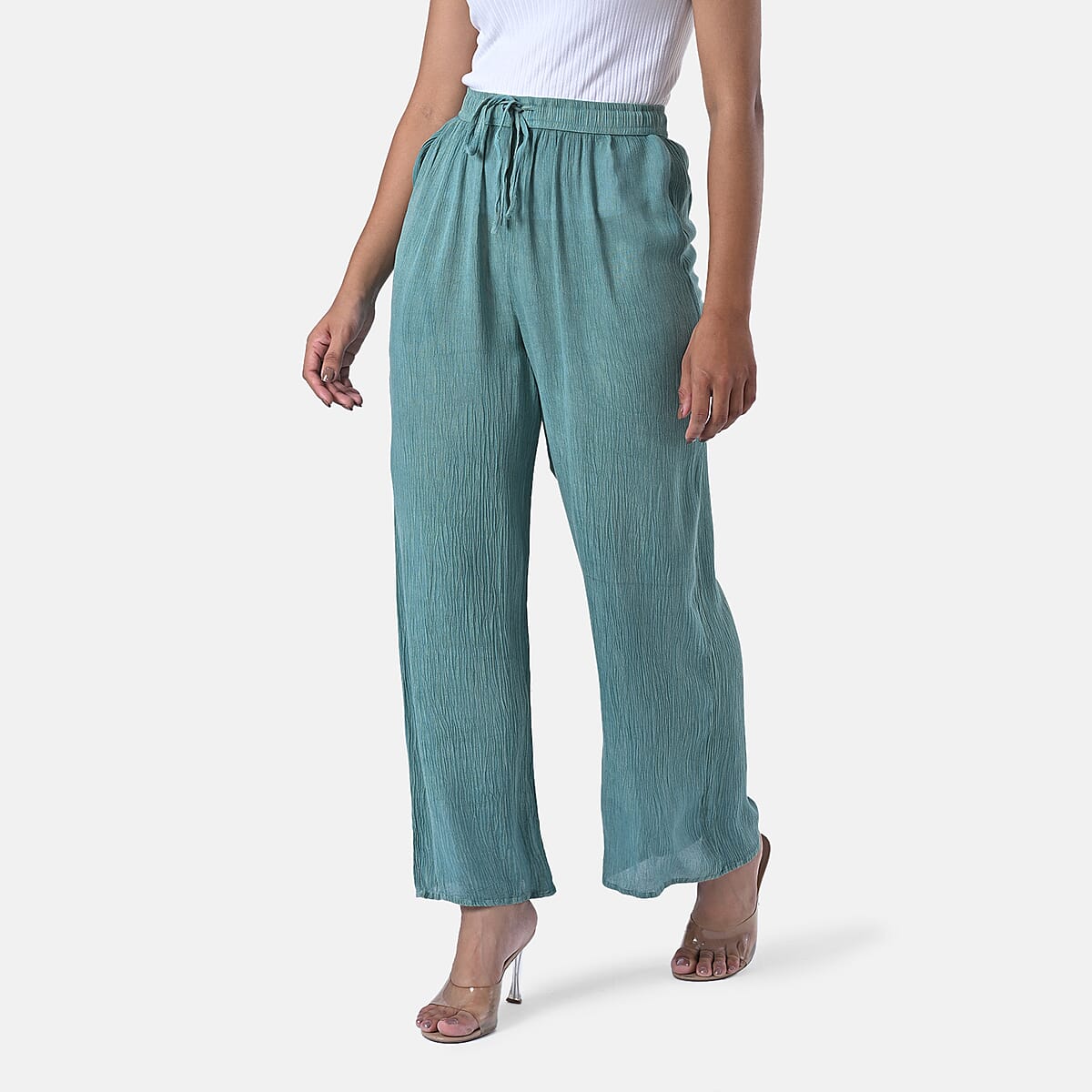 Tamsy Mint Green Stone Wash Wide Leg Pant with Elastic Band– One Size Fits Most image number 2