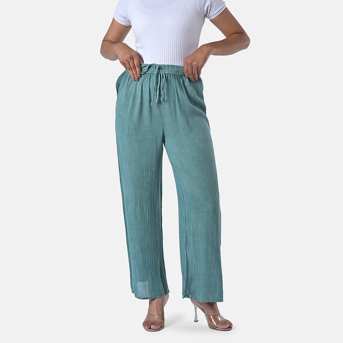 Tamsy Mint Green Stone Wash Wide Leg Pant with Elastic Band– One Size Fits Most image number 4