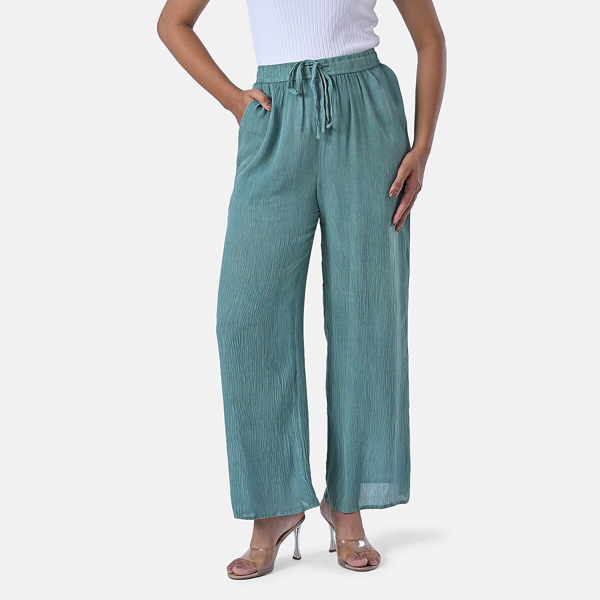 Tamsy Mint Green Stone Wash Wide Leg Pant with Elastic Band– One Size Fits Most image number 5