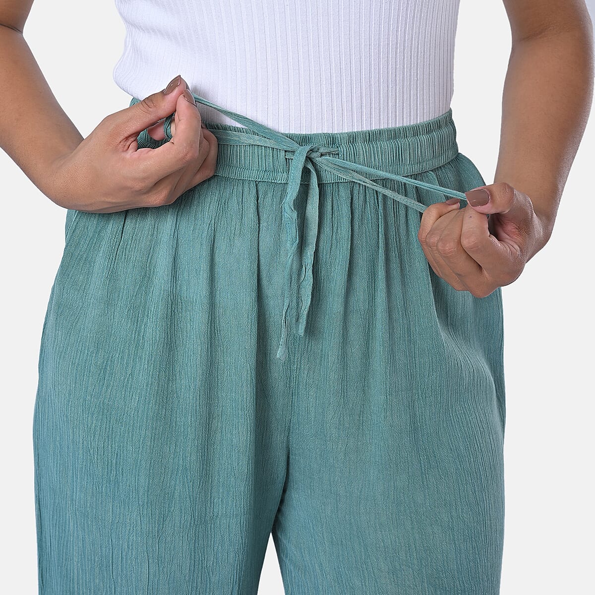 Tamsy Mint Green Stone Wash Wide Leg Pant with Elastic Band– One Size Fits Most image number 6