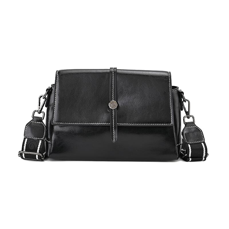 Closeout Deal Black Genuine Leather Flap Over Crossbody Bag with 2 Shoulder Strap
